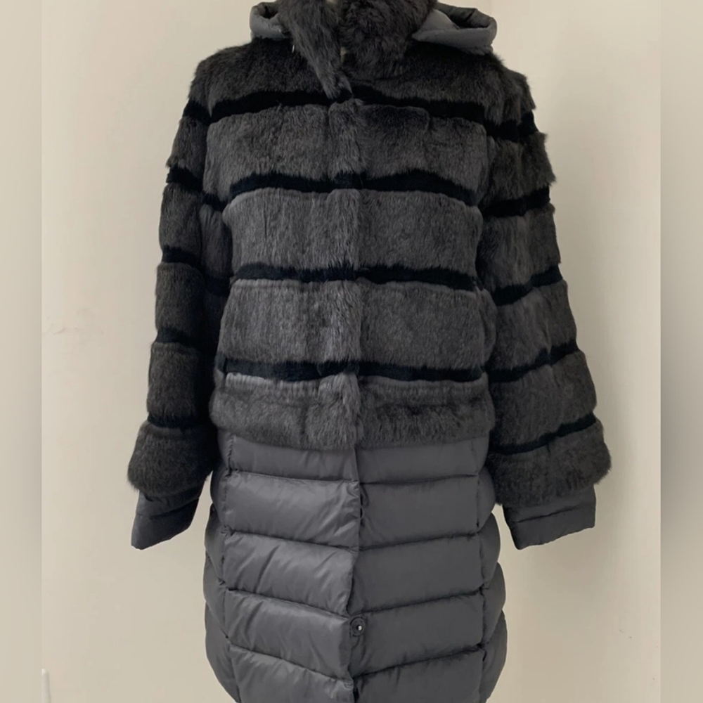 Dawn Levy Brown Rabbit Fur/ Quilted Puffer Combo Jacket